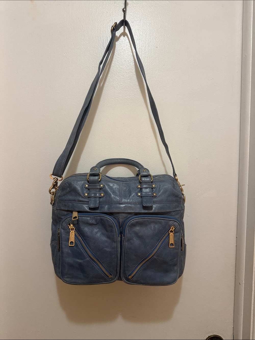 Rebecca Minkoff Paramour Moto Blue Leather Satchel with Gold Hardware